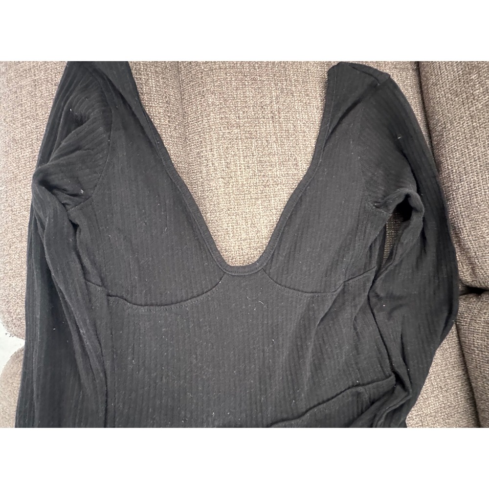 Womens Ribbed Knit Long Sleeve Jumpsuit Plunging Scoop Neck Catsuit Black